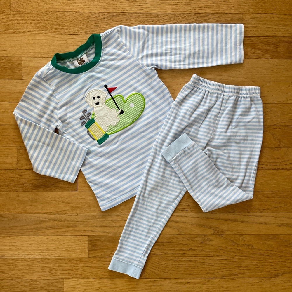 Embroidered Appliqué Golf Dog Striped Pajama Set